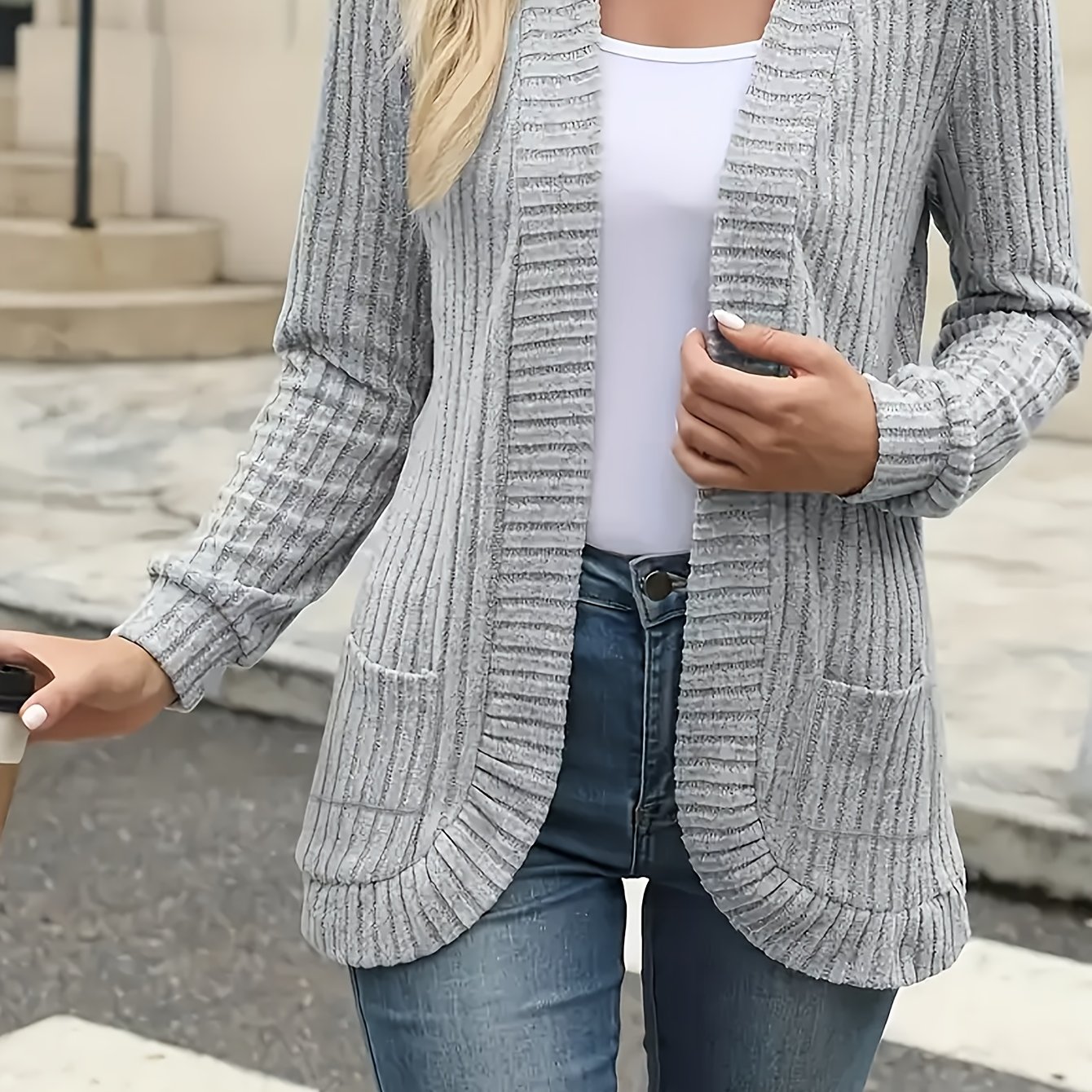 TEMU Elegancki kardigan damska - sweter z długim rękawem, otwarty z przodu, miękki i elastyczny materiał, stylowy garnitur na biuro i imprezę, odzież
