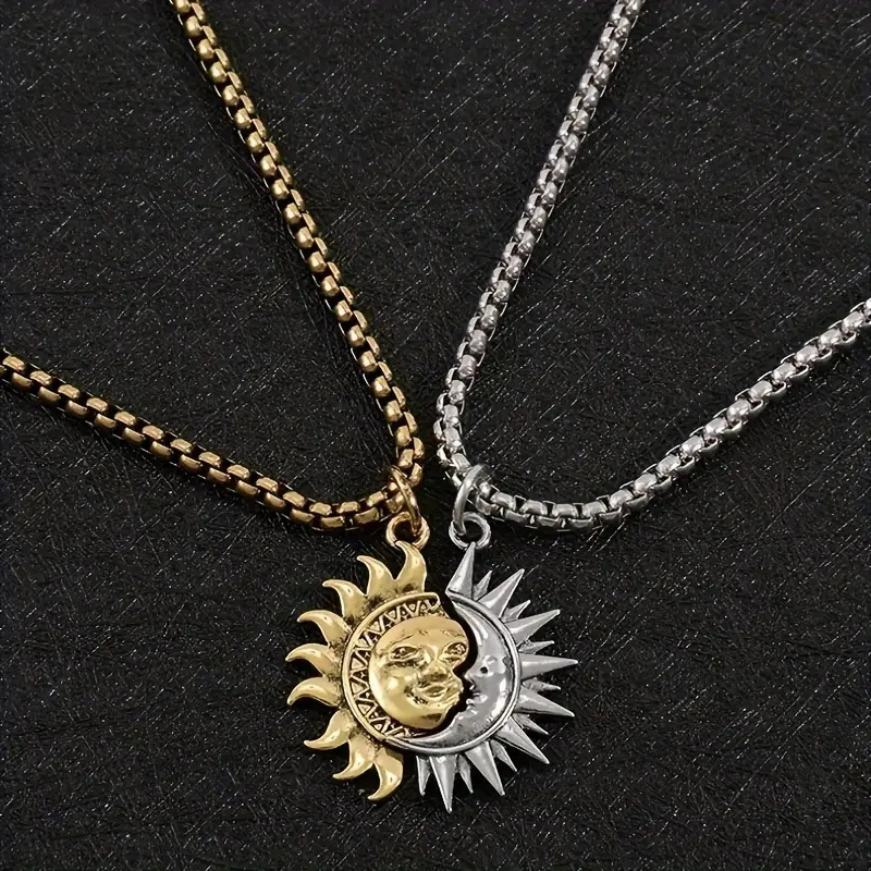 TEMU Zestaw 2 Sztuk Asymetrycznych Naszyjników z Wisiorkami Słońce, Księżyc i Gwiazdy dla Par, Stalowe Naszyjniki na Ramadan, Idealne na Prezent