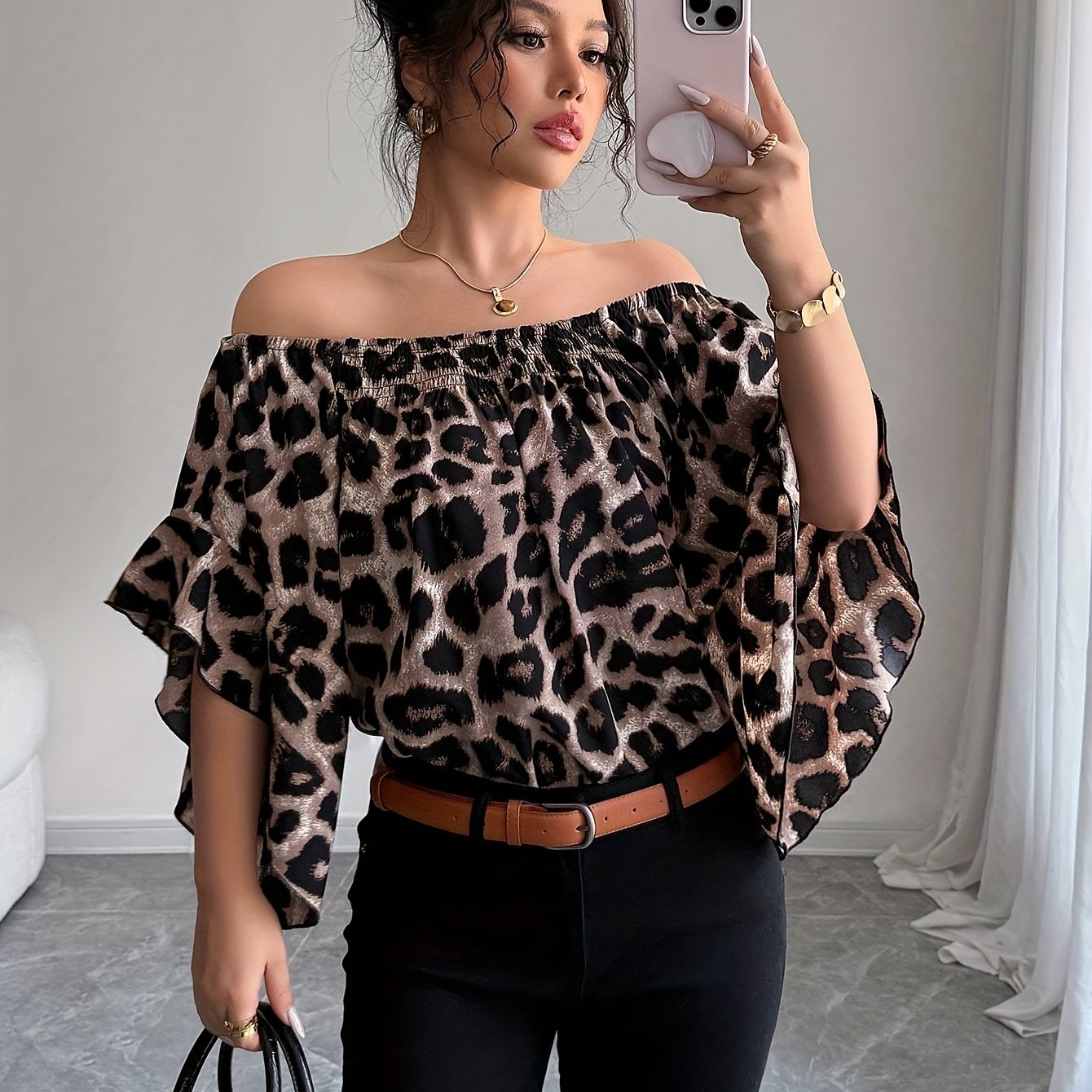 TEMU DJ0518167 Damska Koszula w Lamparcie Wzory z Odkrytymi Ramionami i Rozkloszowanymi Rękawami