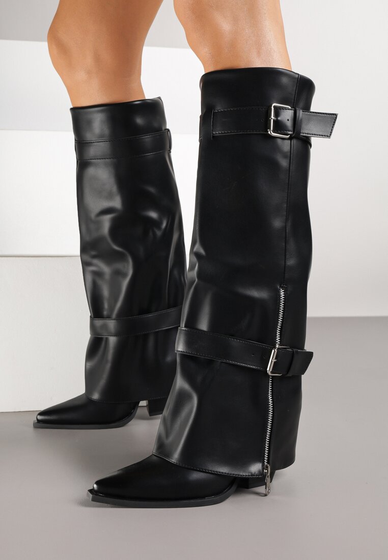 Czarne Kozaki na Stożkowym Obcasie z Wywiniętą Cholewką Klamrami i Suwakiem Ernenta