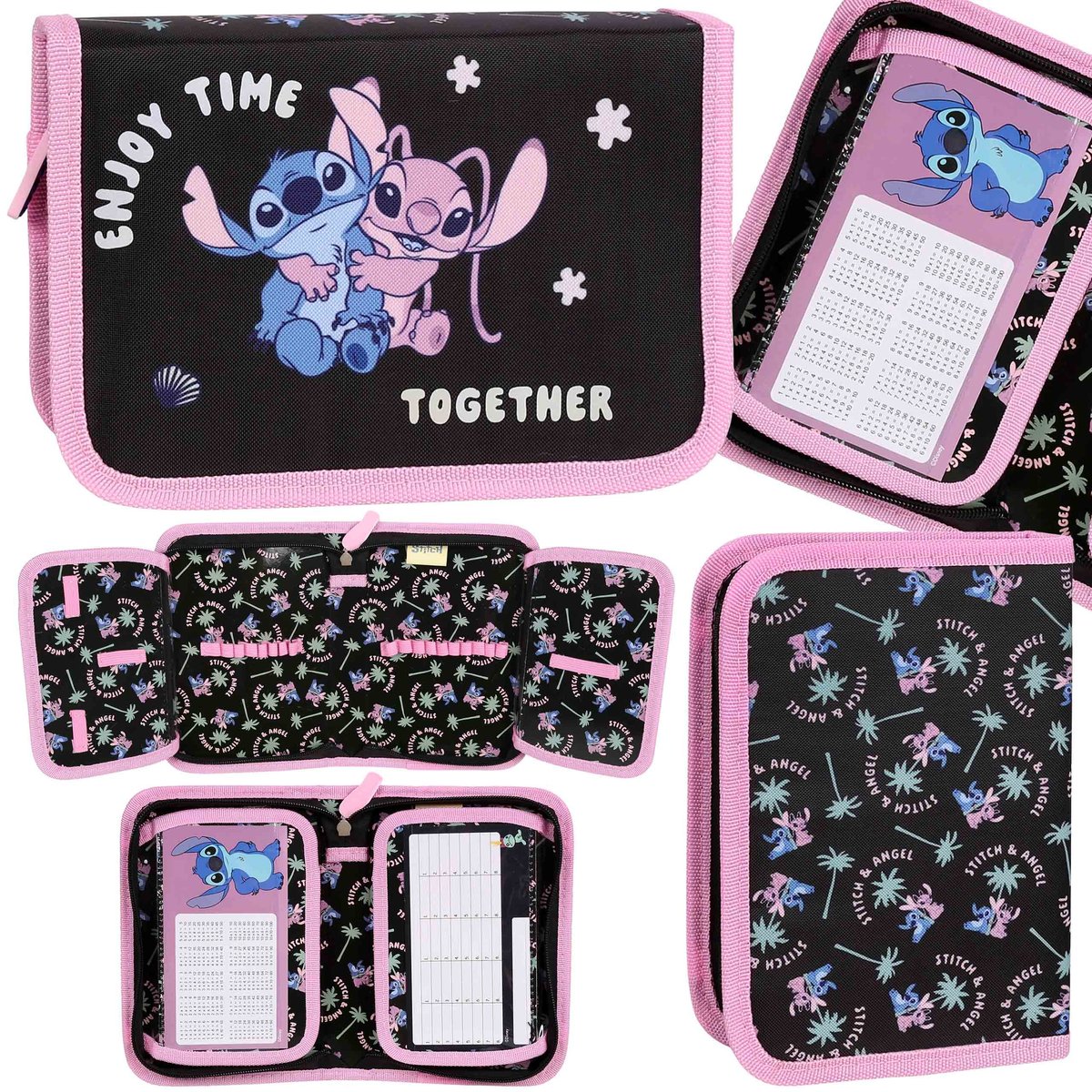 DISNEY Stitch Czarno-różowy piórnik dwuklapowy bez wyposażenia, ROZKŁADANY piórnik szkolny dla dziewczynki