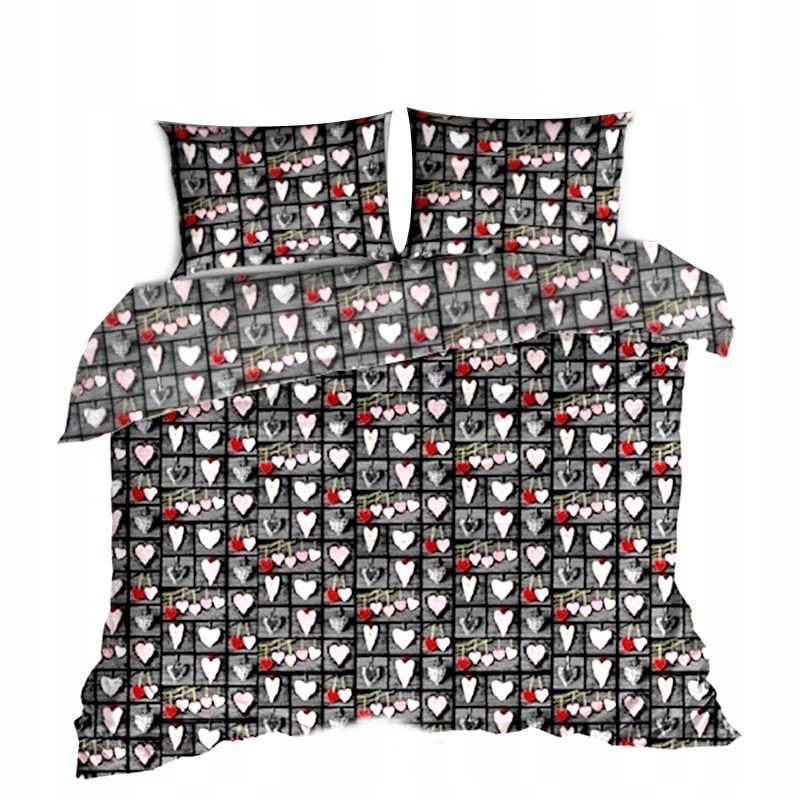 pościel z bawełny płaskiej 180x200 + 2 poszewki B 90 serca zaw szaro czerw