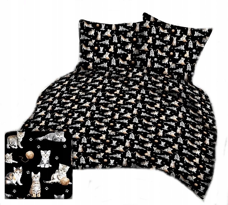 pościel bawełna lux 160x200 + 2 poszewka B 307-1 kociaki na czarnym