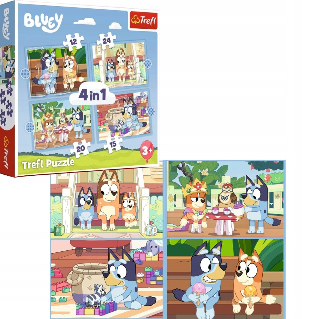 2 x Puzzle 4w1 WESOŁY ŚWIAT BLUEY I BINGO RODZINA PIESKI UKŁADANKA 3+TRE 71