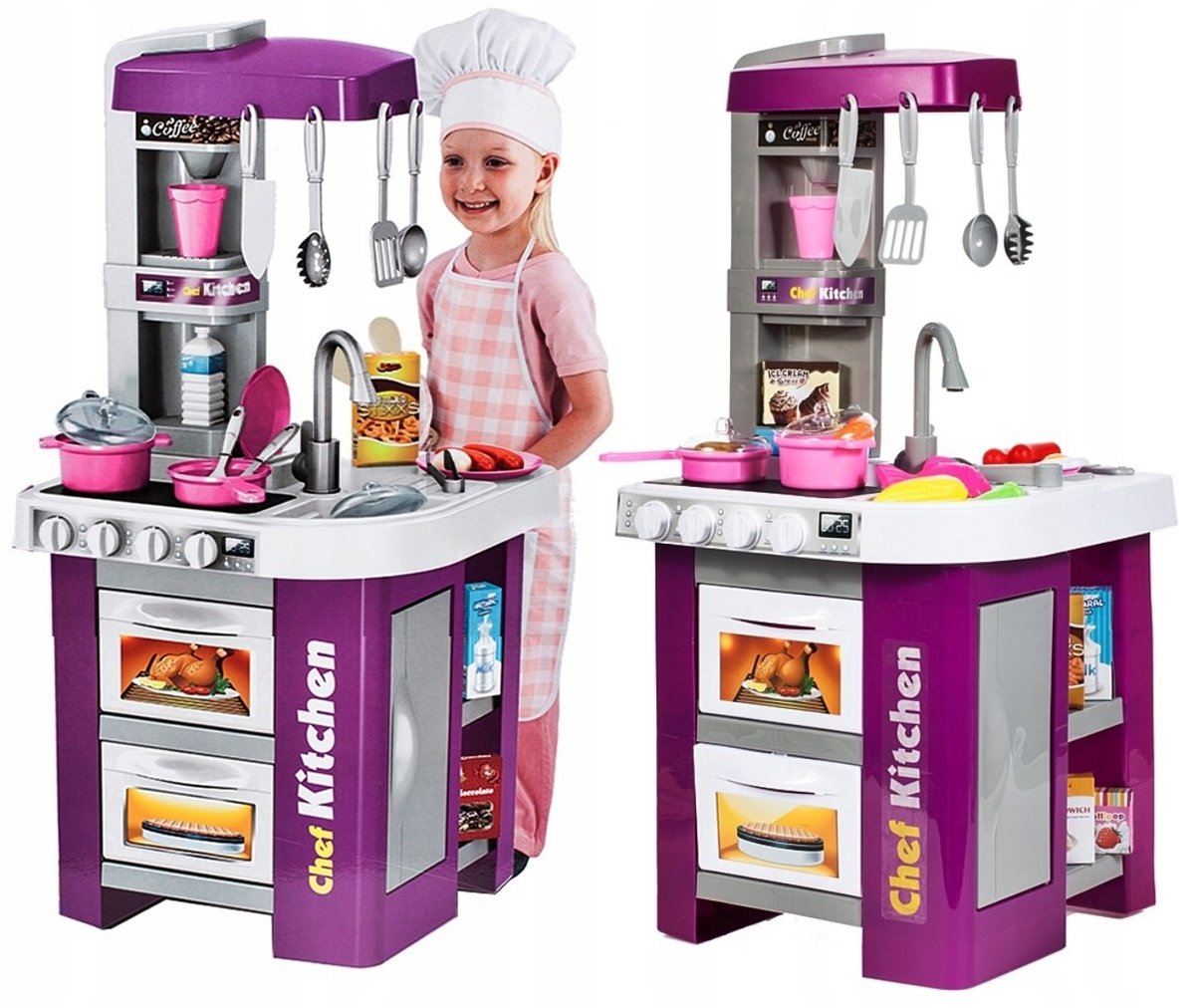 LT36 KUCHNIA DLA DZIECI KRAN WODA DŹWIĘK ŚWIATŁA KUCHENKA FIOLETOWA Z ANEKSEM 53 AKCESORIA