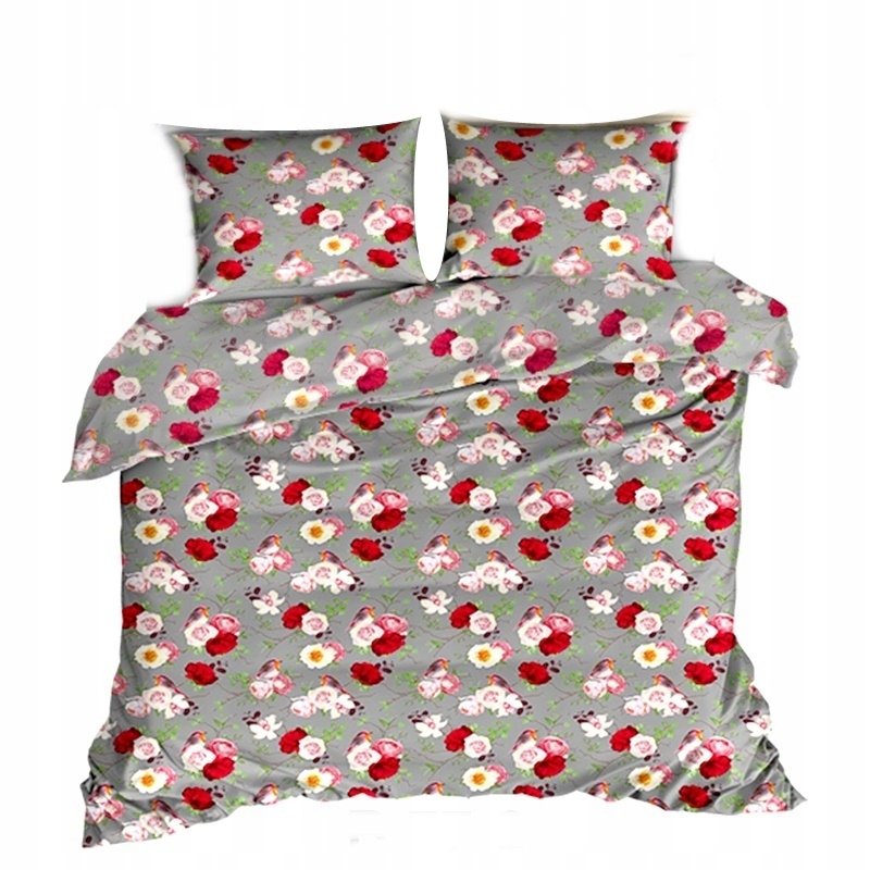 pościel z bawełny płaskiej 200x220 + 2 poszewki B 77-3 ptaszak szary