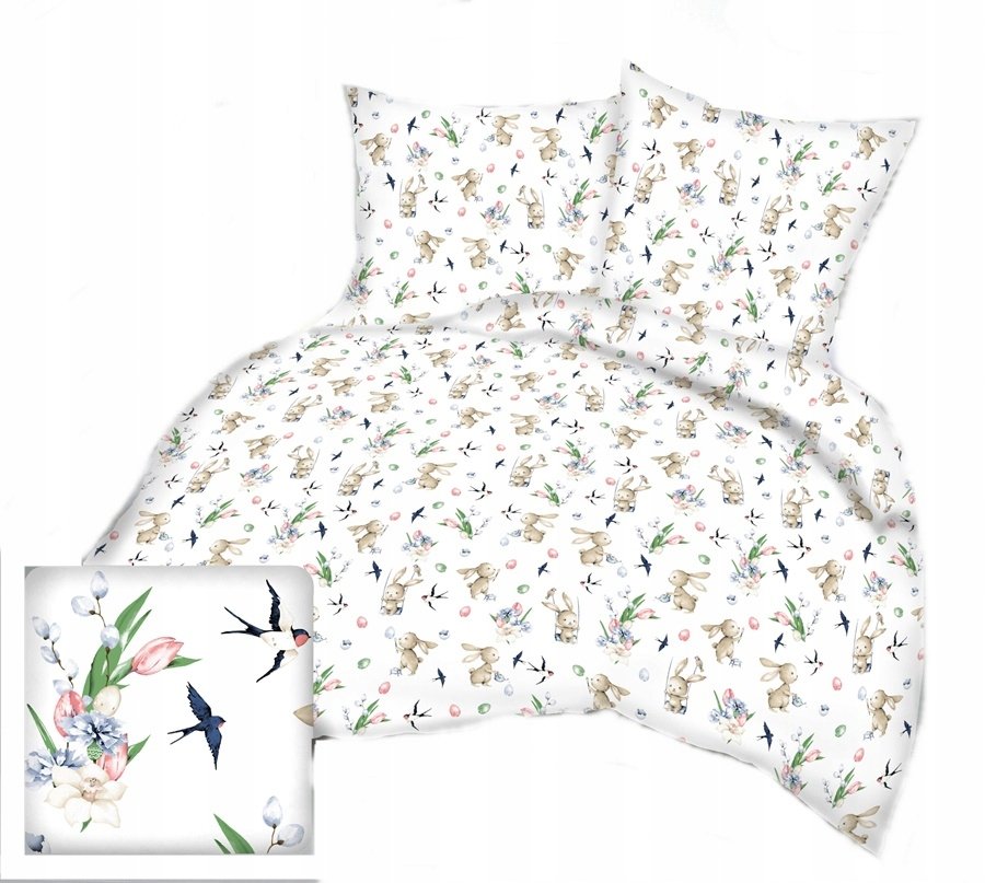 pościel bawełna lux 200x220 + 2 poszewka B 548-2 zając tulipan bi Wielkanoc