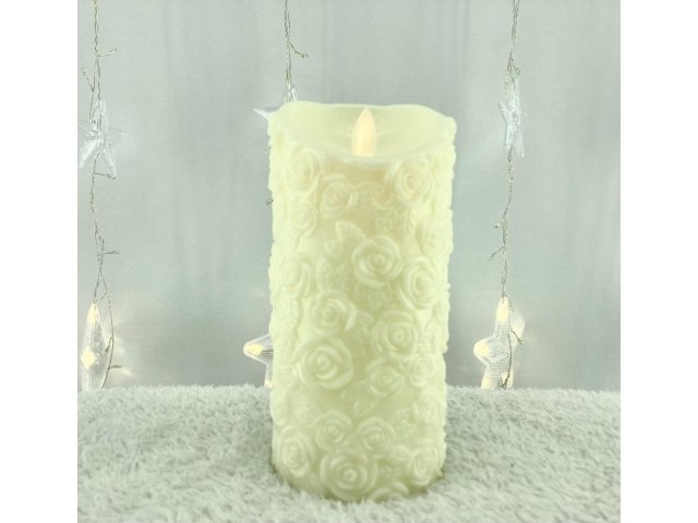 Świeca Biała Led 18Cm Ruchomy Płomień Róże Wosk 8772