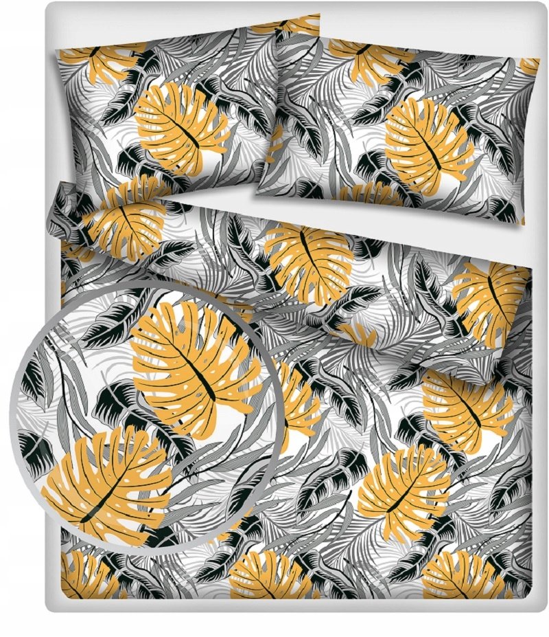 pościel bawełna lux 160x220 + 2 poszewka B 292 monstera musztarda