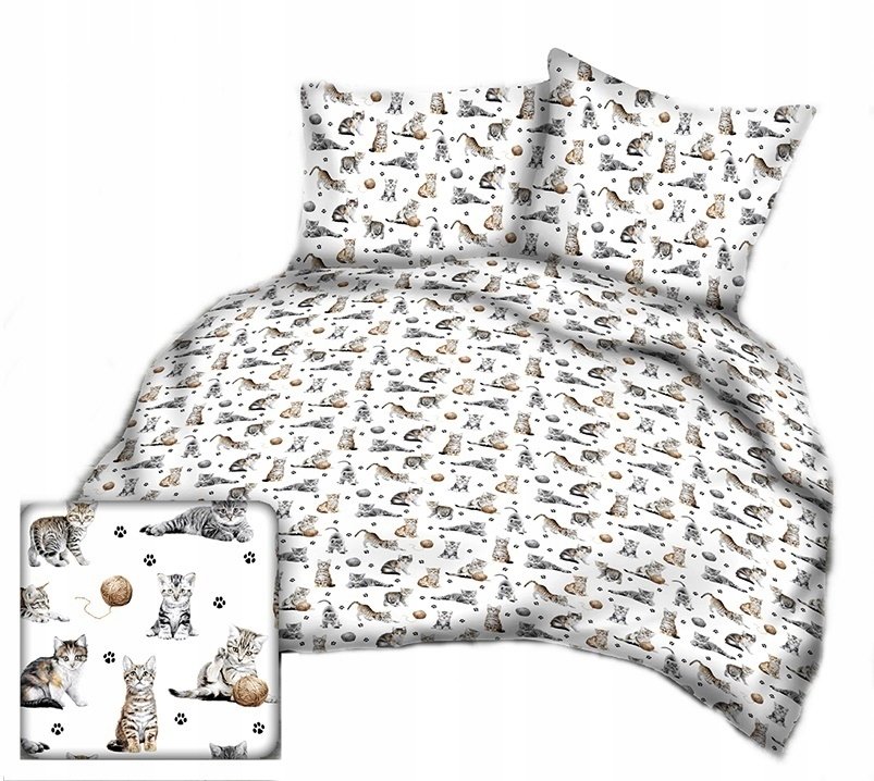 pościel bawełna lux 220x220 + 2 poszewka B 307 kociaki na białym