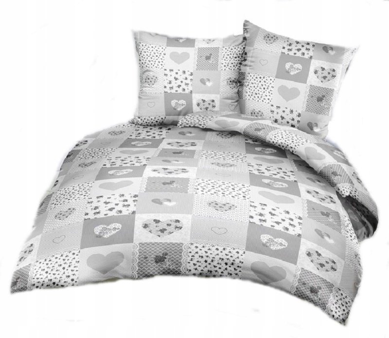 pościel z satyny 140x200 + 1x poszewka 100% bawełna S 80 patchw serce szare