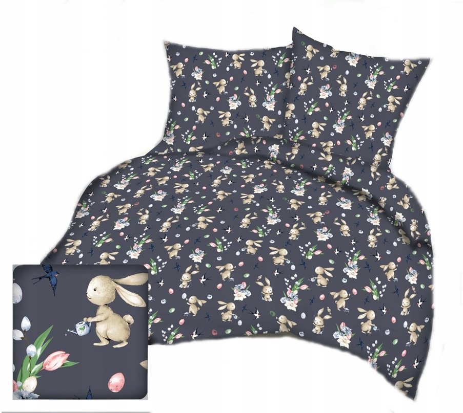 pościel bawełna lux 220x220 + 2 poszewka B 548 zając tulipan graf Wielkanoc