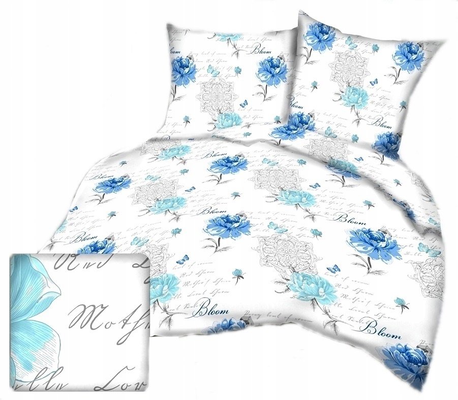 pościel bawełna lux 220x220 + 2 poszewka B 357-1 kwiat piwoni niebieski