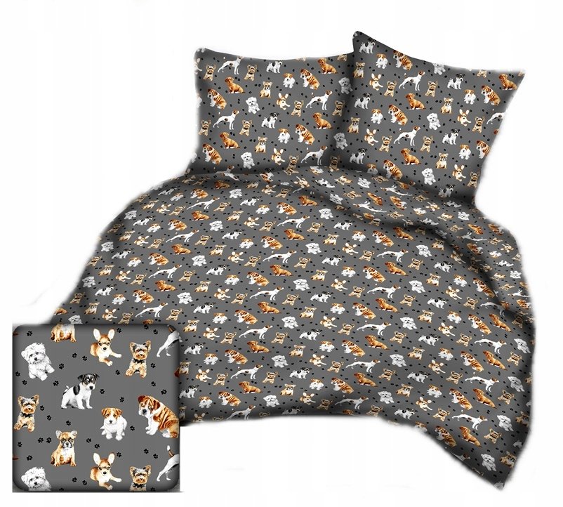 pościel bawełna lux 200x200 + 2 poszewka B 307-5 psiaki na graficie