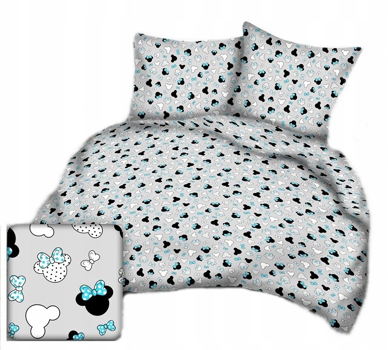 pościel bawełna lux 200x200 + 2 poszewka B 255-10 miki kokardy turkus-szare