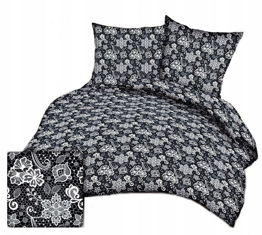 pościel bawełna lux 200x220 + 2 poszewka B 388-1 koronka na czarnym