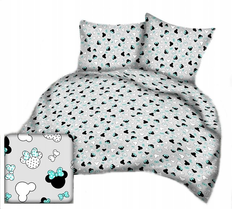 pościel bawełna lux 180x200 + 2 poszewka B 255-11 miki kokardy mięta-szare