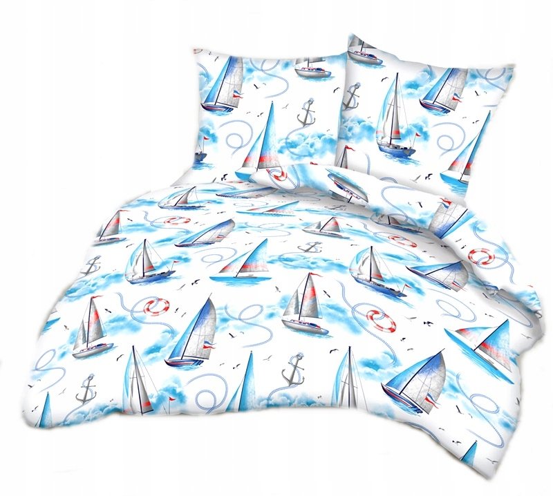 pościel bawełna lux 220x220 + 2 poszewka B 315 żaglówki niebieskie