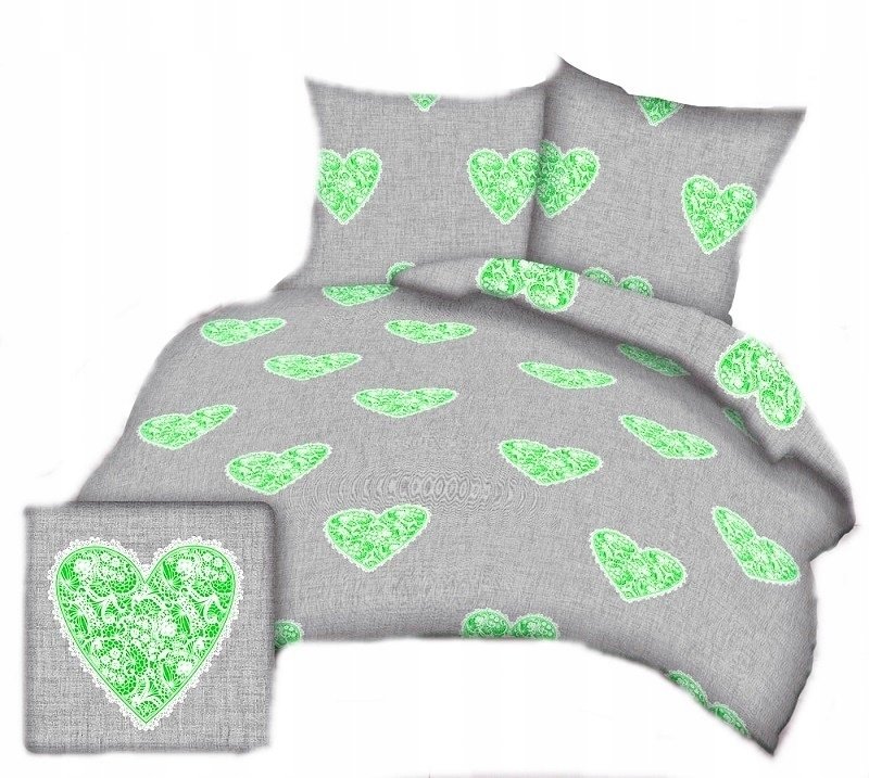pościel bawełna lux 220x220 + 2 poszewka B 277-4 koronkowe serce zielone