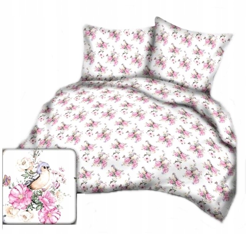 pościel bawełna deLUX 220x220 + 2 poszewki B 341 ptasi ogród biały