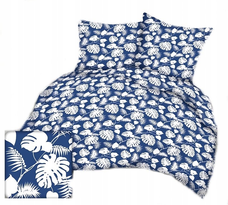 pościel kora lux 220x220 + 2 poszewki K 274-3 liście palmy biało niebieskie