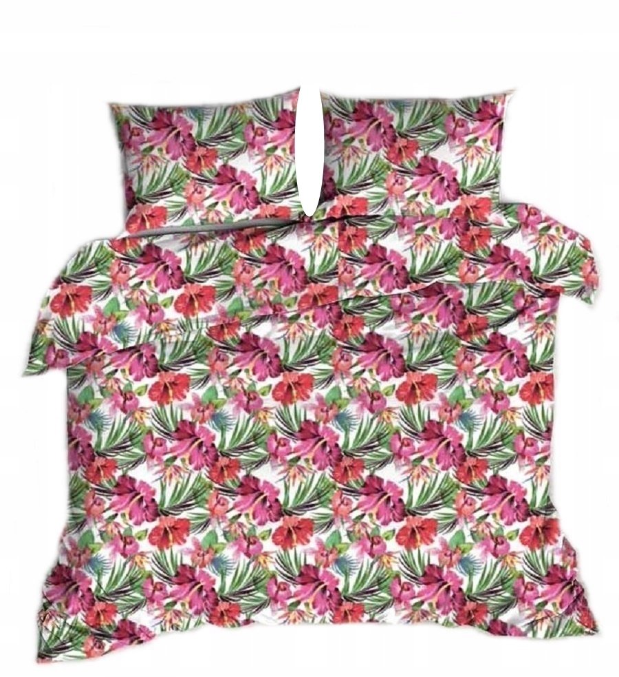 pościel bawełna deLUX 180x200 + 2 poszewki B 379 hibiskus w palmach