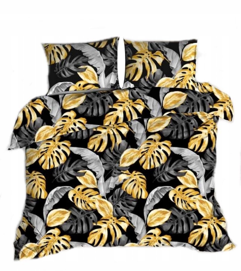 pościel z kory 200x200 + 2 poszewki K 119 liście złote na czarnym