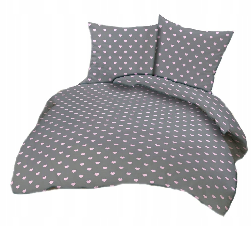 pościel bawełna lux 220x220 + 2 poszewka B 207-18 serca różowe na szarym