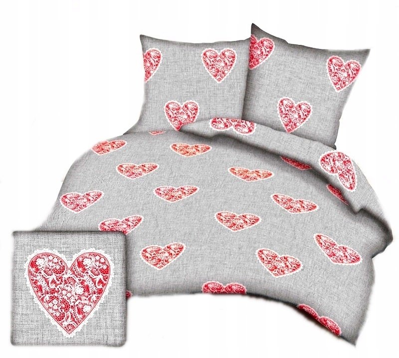 pościel bawełna lux 180x200 + 2 poszewka B 277-2 koronkowe serce szare