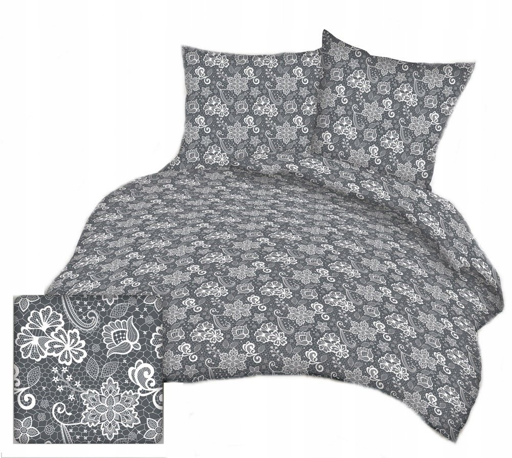 pościel bawełna lux 220x220 + 2 poszewka B 388-2 koronka na szarym