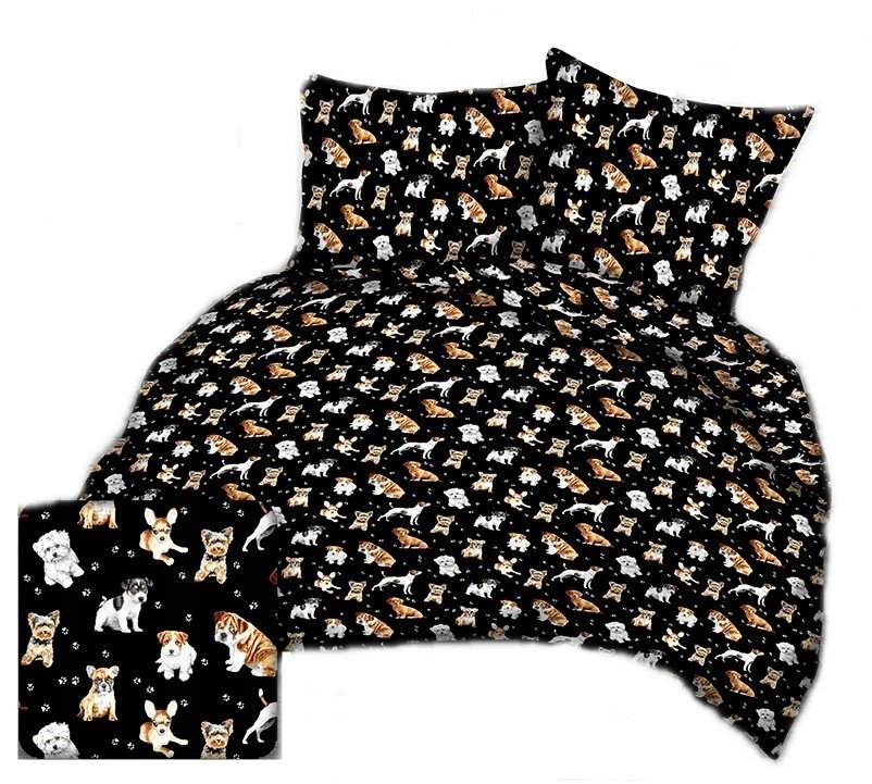 pościel bawełna lux 160x200 + 2 poszewka B 307-3 psiaki na czarnym