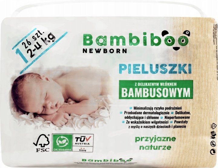 BAMBIBOO Newborn pieluszki z włóknem bambusowym rozmiar 1 2-4 kg 26 szt