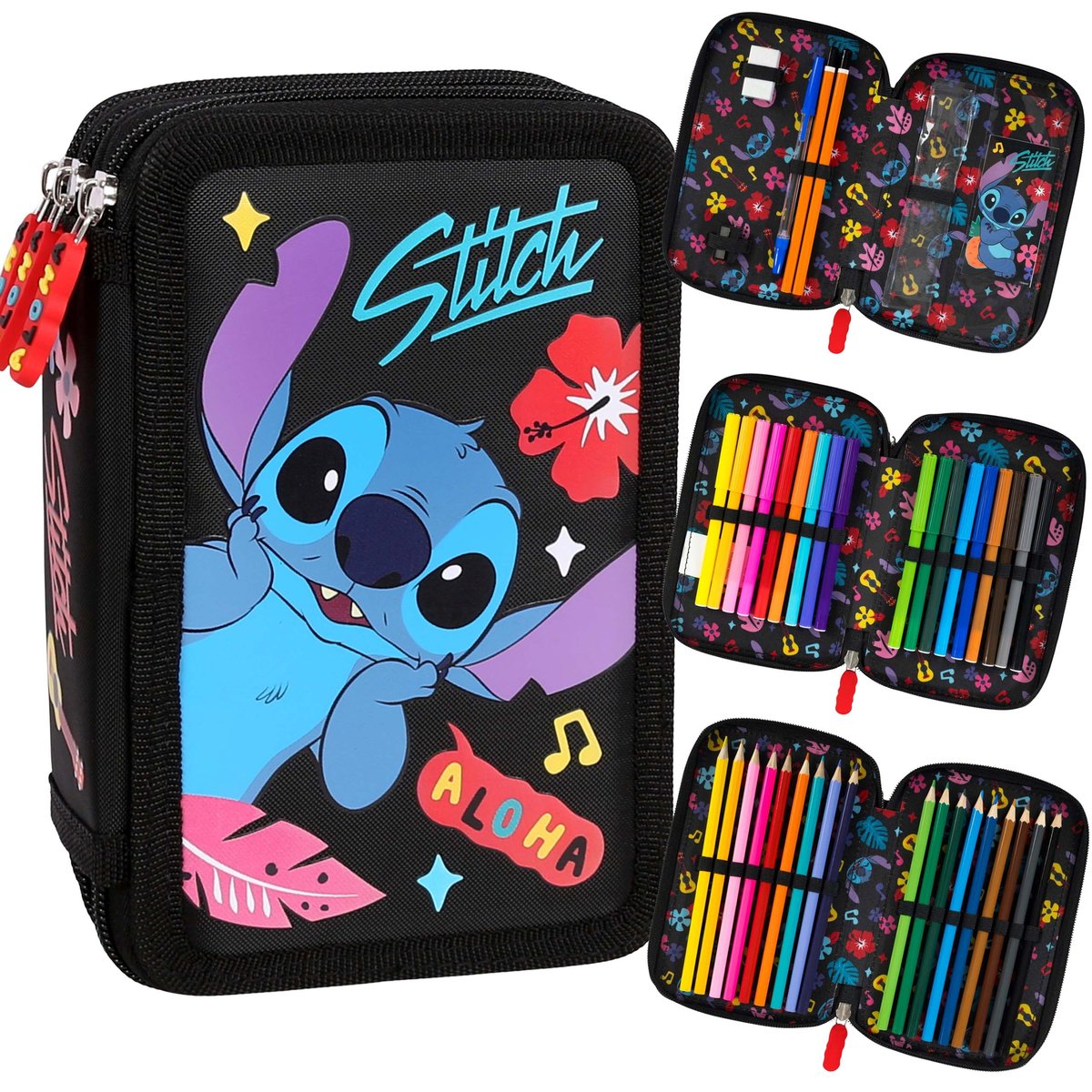 DISNEY Stitch ALOHA Czarny piórnik trzykomorowy z wyposażeniem-43 elementy, 3 zamki 12,5 x 19,5 x 6,5 cm