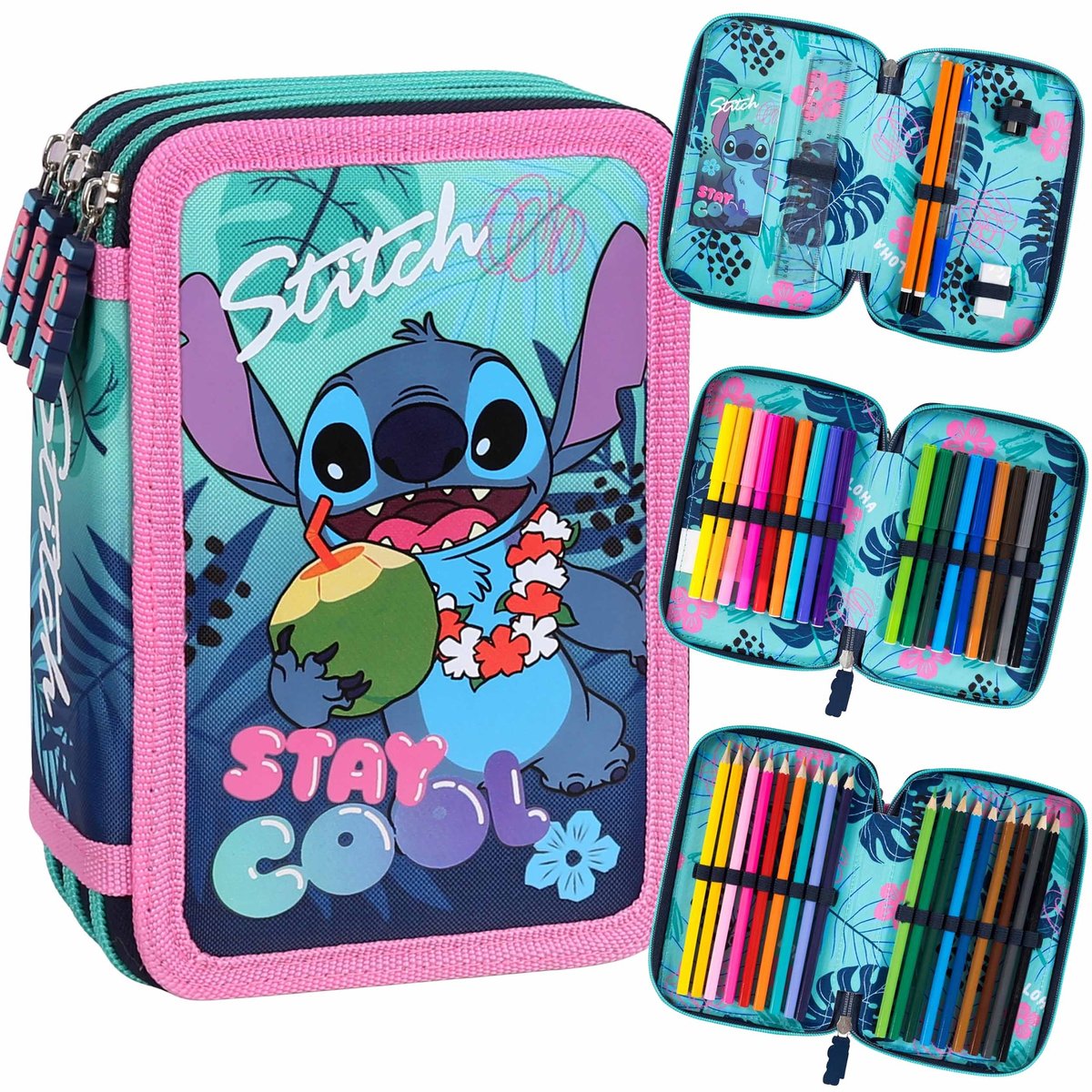 DISNEY Stitch Dziecięcy piórnik trzykomorowy z wyposażeniem-43 elementy, 3 zamki 12,5 x 19,5 x 6,5 cm