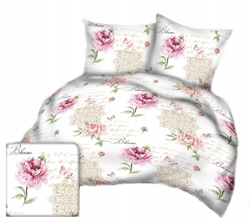pościel bawełna lux 160x220 + 2 poszewka B 357 kwiat piwoni różowy