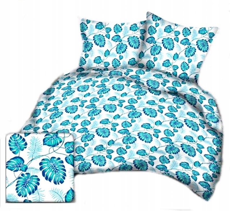 pościel bawełna lux 220x220 + 2 poszewka B 269-3 liście palmy turkus jasny