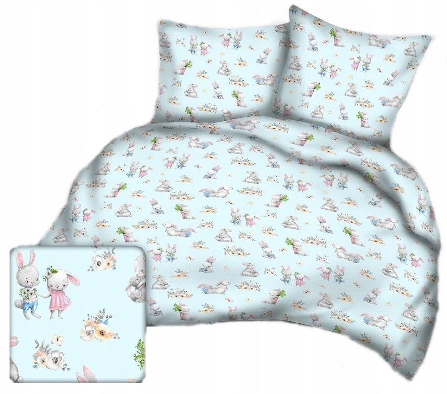 pościel bawełna lux 200x200 + 2 poszewka B 545-3 zajęczaki błękit Wielkanoc