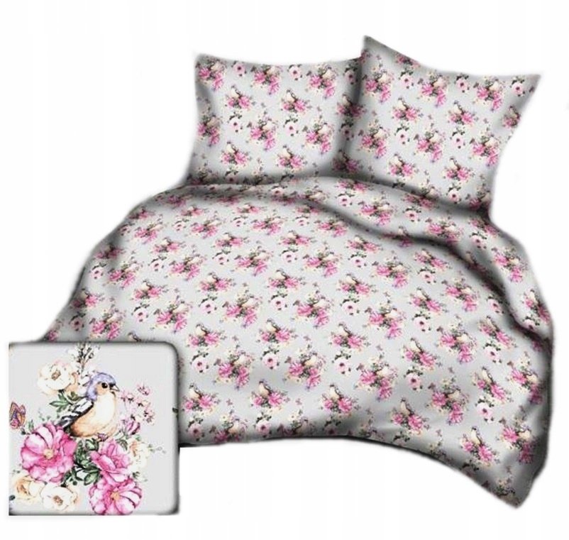 pościel bawełna deLUX 160x220 + 2 poszewki B 341-1 ptasi ogród szary