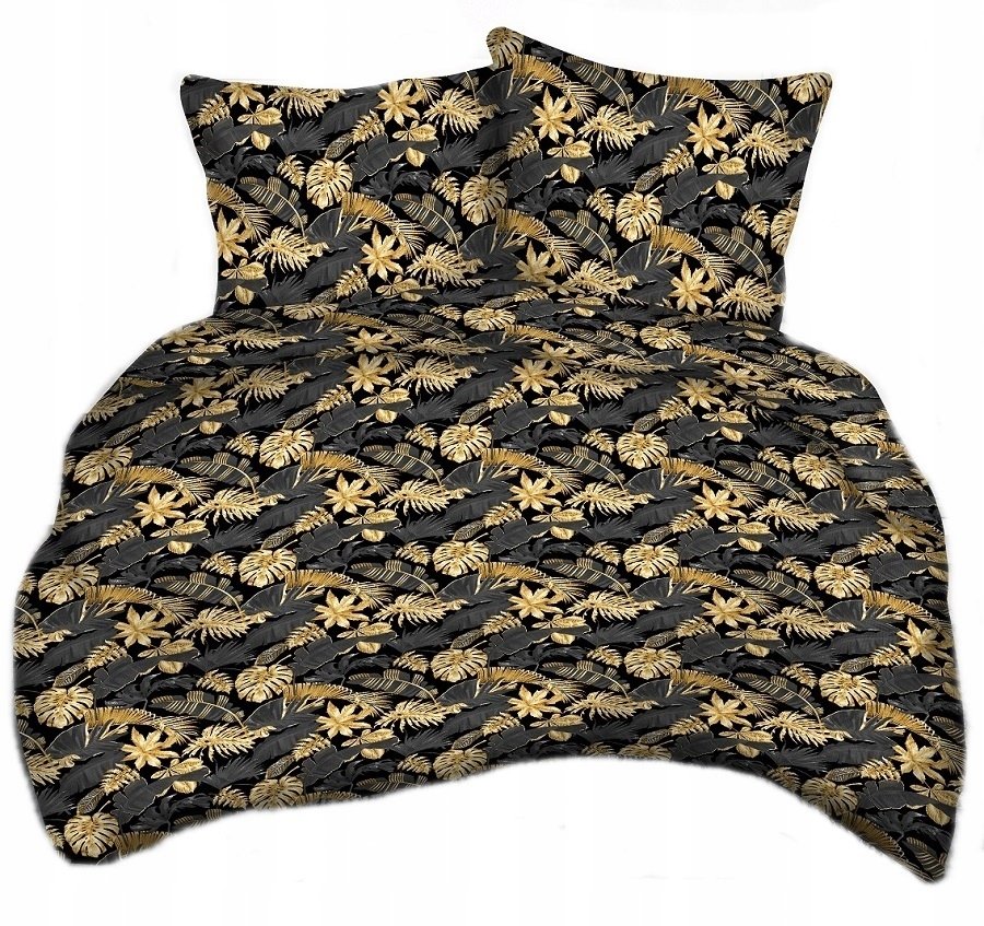 pościel bawełna deLUX 180x200 + 2 poszewki B 314-1 palma złota na czarnym