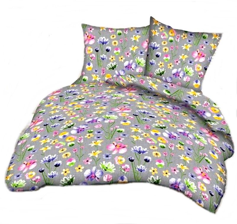 pościel bawełna deLUX 220x220 + 2 poszewki B 293-1 kwiaty malowane na szary