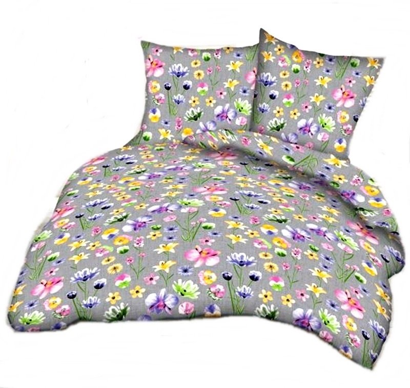 pościel z flaneli 200x220 + 2x poszewka F 82 kwiaty malowane na szarym