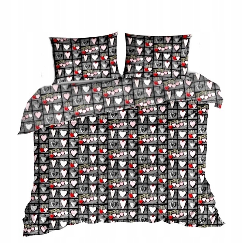 pościel z kory 180x200 + 2 poszewki K 82 serca zawieszki szaro czerwone