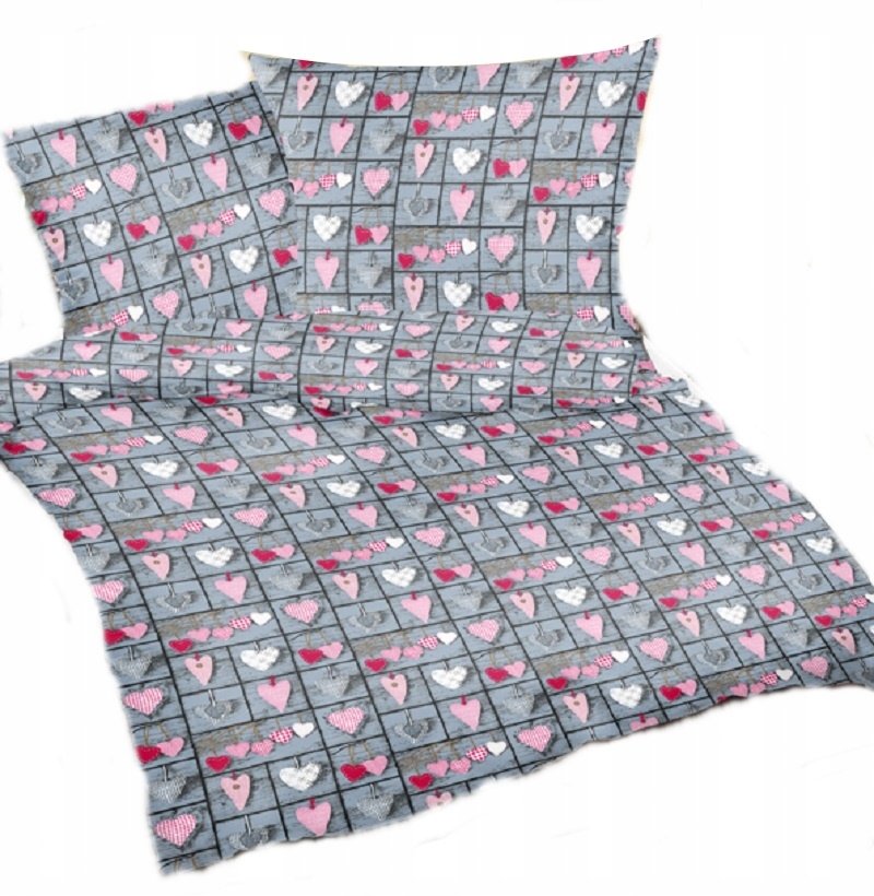 pościel z flaneli 160x200 + 2x poszewka F 73-2 serca zawieszki czerw. szare