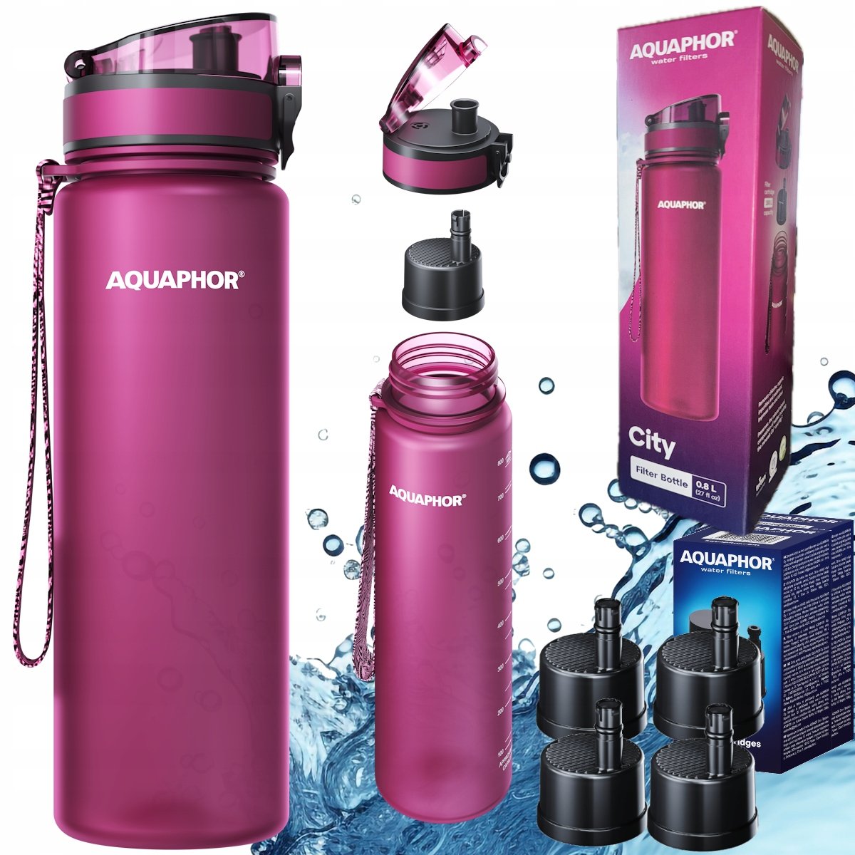 Zestaw 5x wkład filtrujący filtr + Butelka AQUAPHOR CITY 0,8L bordowa