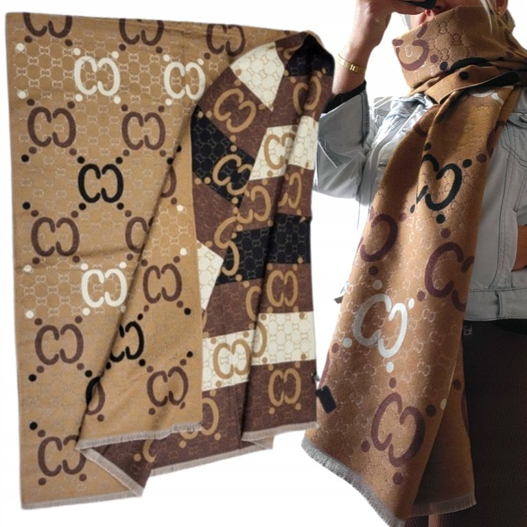 2 x Elegancki Dwustronny Szal Szalik Z MONOGRAMEM LEKKI DELIKATNY FRĘDZLE N