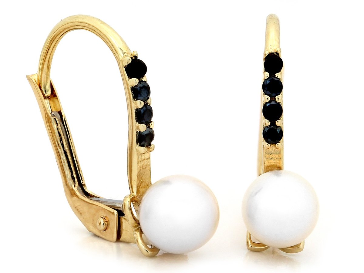 Złote kolczyki 585 angielskie z perłą i czarnymi cyrkoniami 1.80g