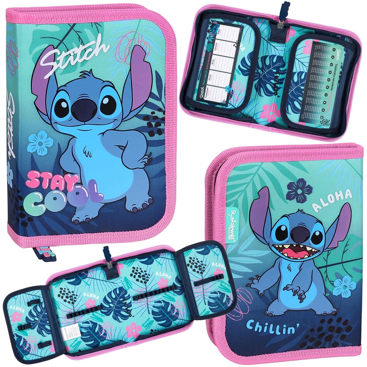 DISNEY Stitch Miętowo-różowy piórnik dwuklapowy bez wyposażenia, ROZKŁADANY piórnik szkolny dla dziewczynki