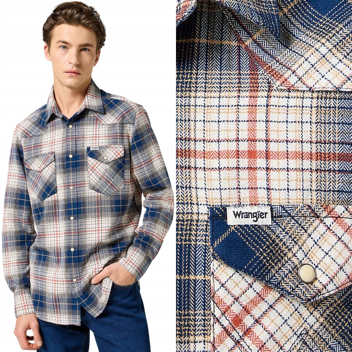Wrangler WESTERN SHIRT Navy Red BAWEŁNIANA KOSZULA W KRATĘ ZATRZASKI L
