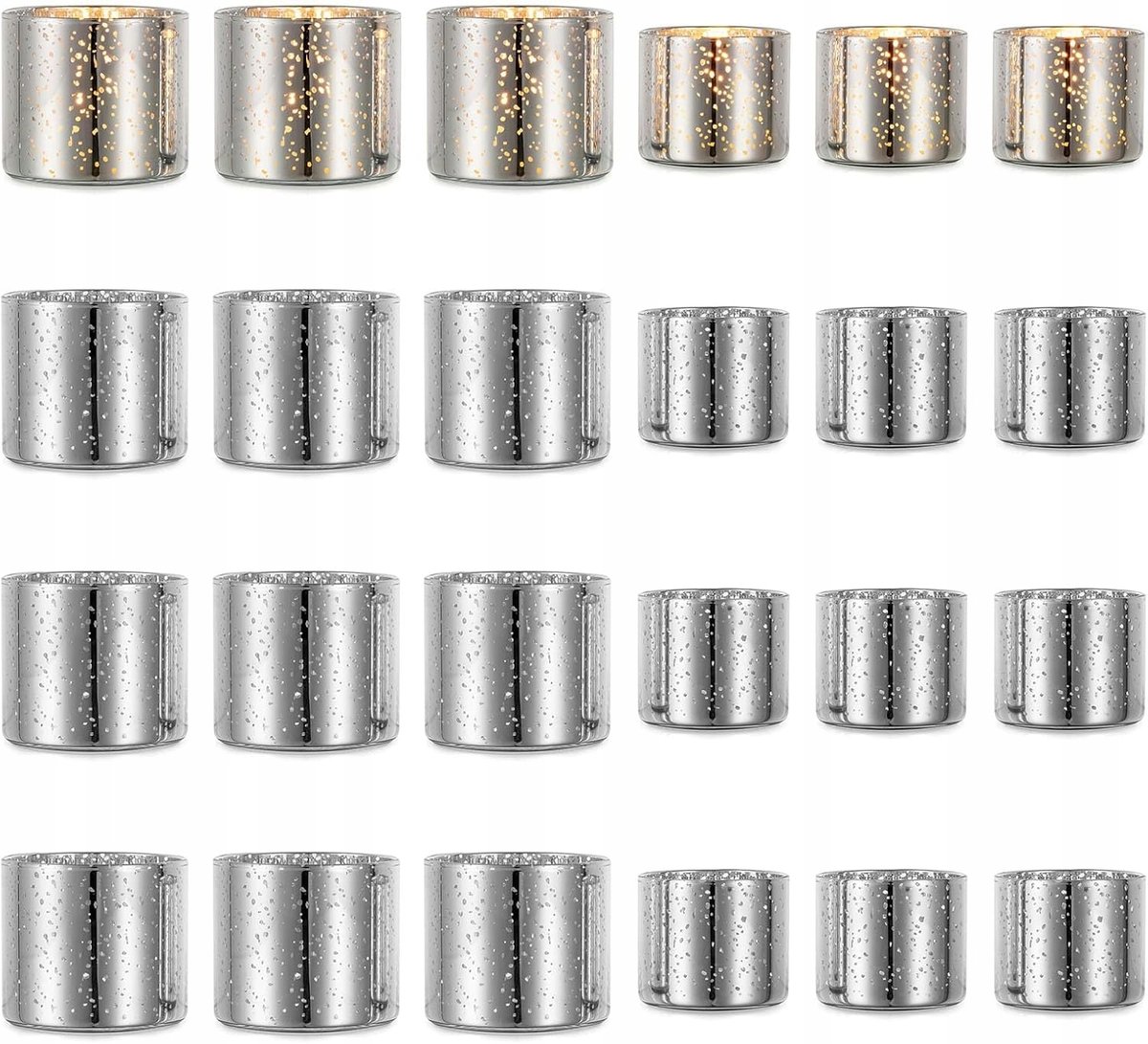 ZESTAW 24 ŚWIECZNIKI SZKLANE Na Tealighty 2 Rozmiary Srebrne Na Wesele