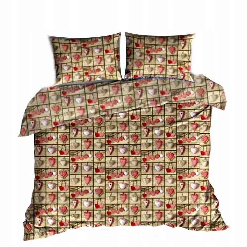 pościel z bawełny płaskiej 220x240 + 2 poszewki B 90-2 serca zaw beż